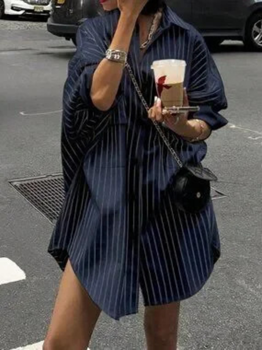 Navy Casual Women's Pocket Button-Down Long Sleeve Striped Blouse Top